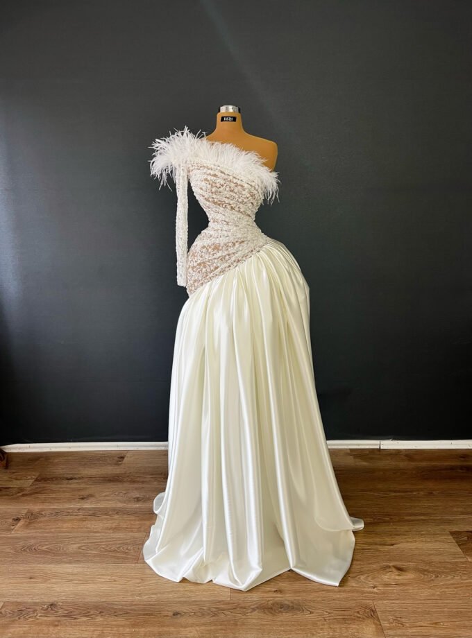 White One-Shoulder Feather Bridal Gown - Lace Illusion Satin Skirt