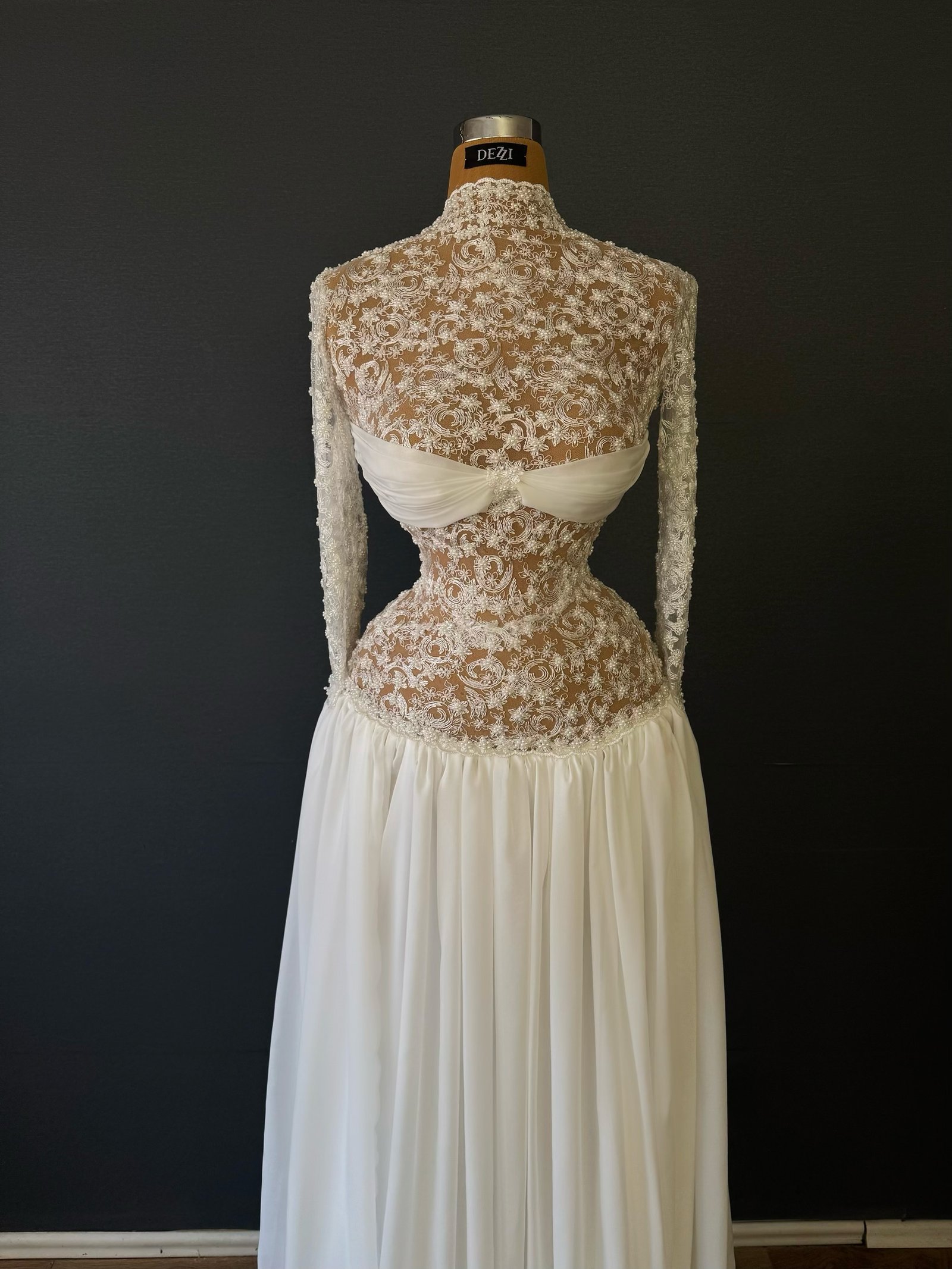 White High-Neck Lace Illusion Wedding Dress - Chiffon Skirt Gown - Image 2