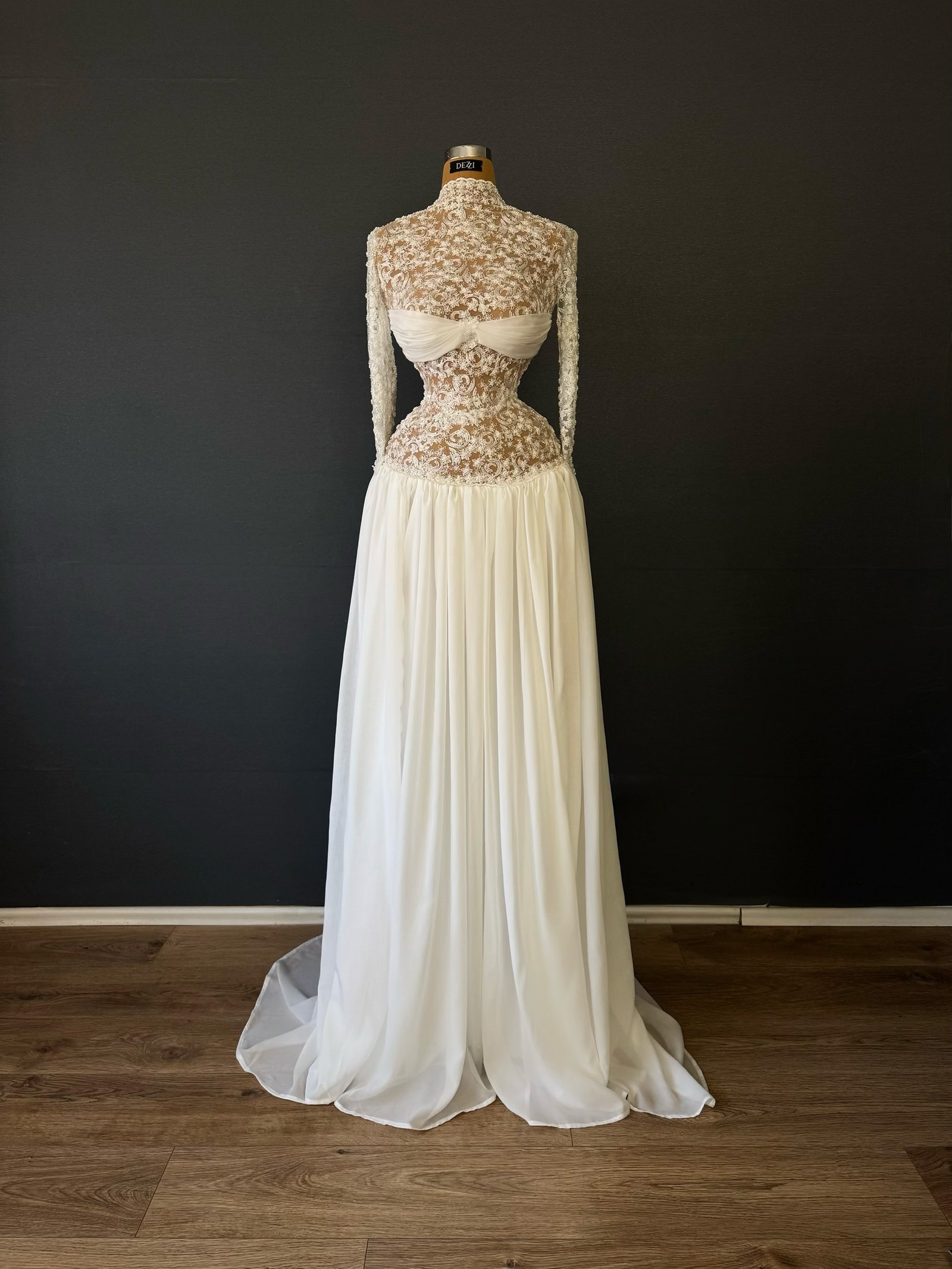 White High-Neck Lace Illusion Wedding Dress - Chiffon Skirt Gown