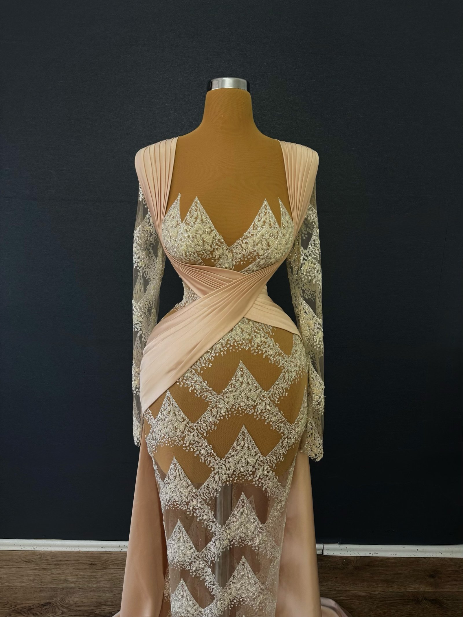 Blush Nude Geometric Illusion Gown - Long Sleeve Crisscross Formal Dress - Image 2