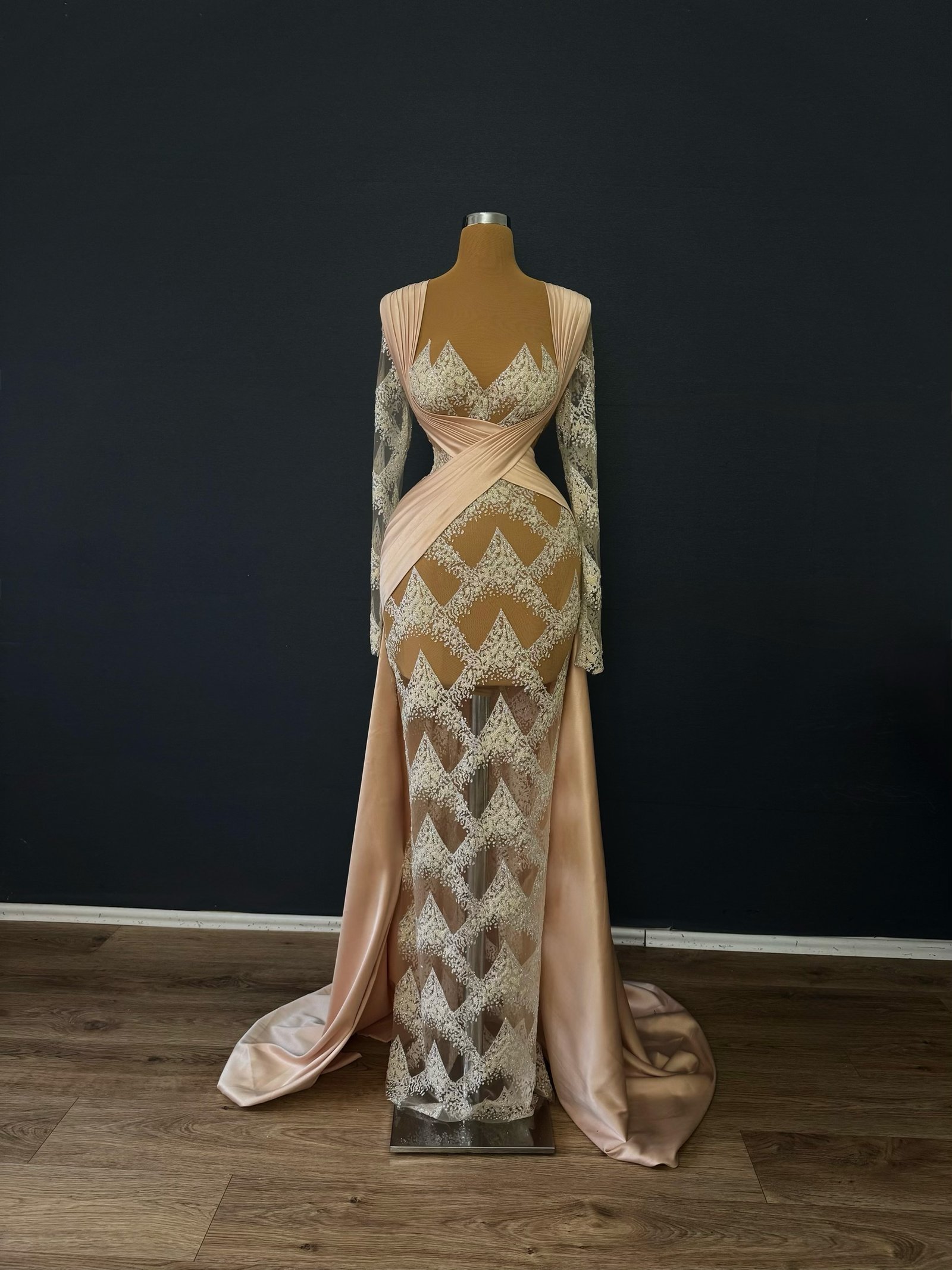 Blush Nude Geometric Illusion Gown - Long Sleeve Crisscross Formal Dress