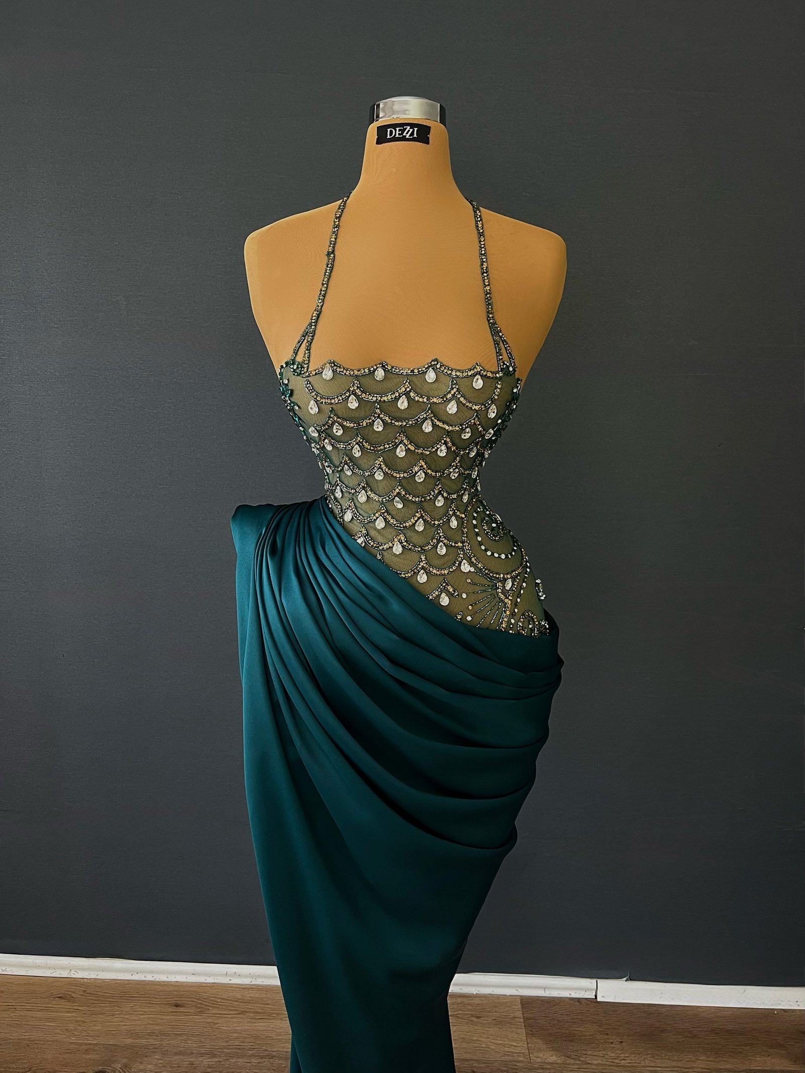 Emerald Green Satin Draped Halter Gown - Crystal Scallop Bodice - Image 2