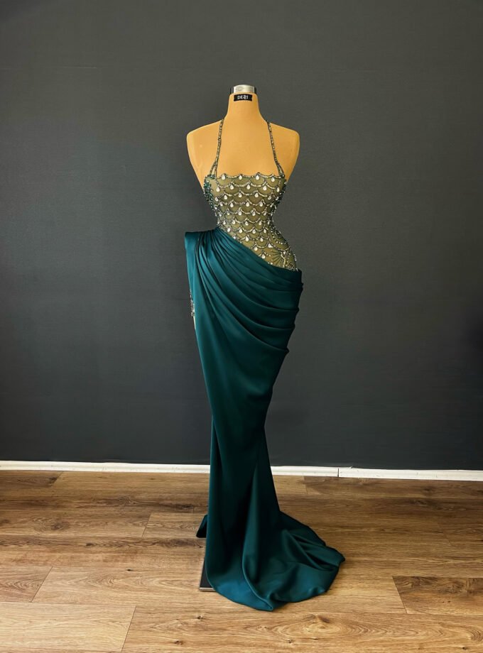 Emerald Green Satin Draped Halter Gown - Crystal Scallop Bodice