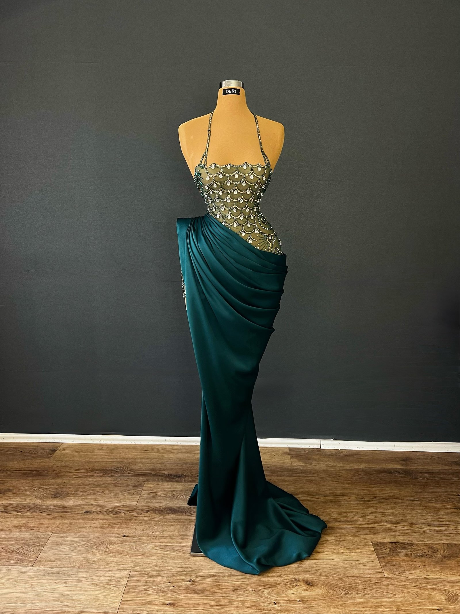 Emerald Green Satin Draped Halter Gown - Crystal Scallop Bodice