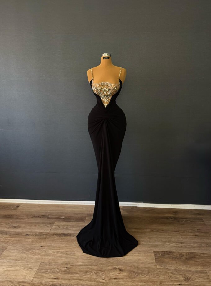 Black Draped Formal Gown - Emerald Jewel Beaded Bodice