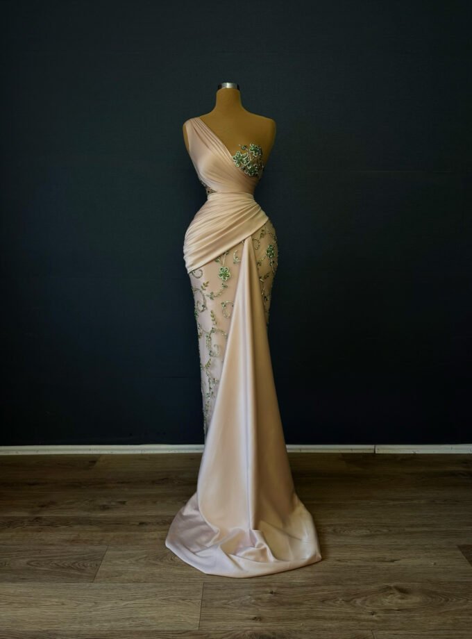 Blush Satin One-Shoulder Gown - Emerald Green Floral Beading