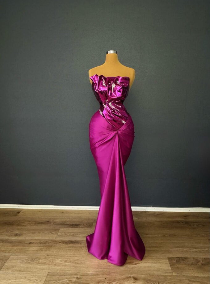 Metallic Magenta Strapless Formal Dress - Sculptural Drape Gown
